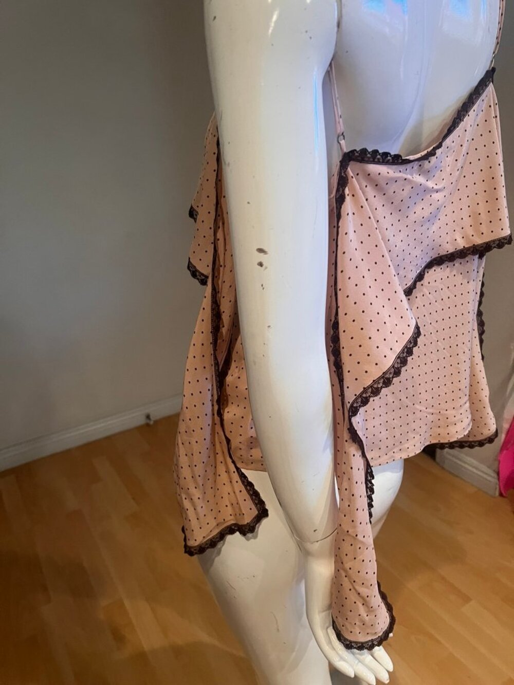 Y2K VINTAGE BCBG MAXAZRIA DRAP SPAGHETTI STRAP BLOUSE TOP SILK SZ L LARGE DOT - Picture 2 of 4